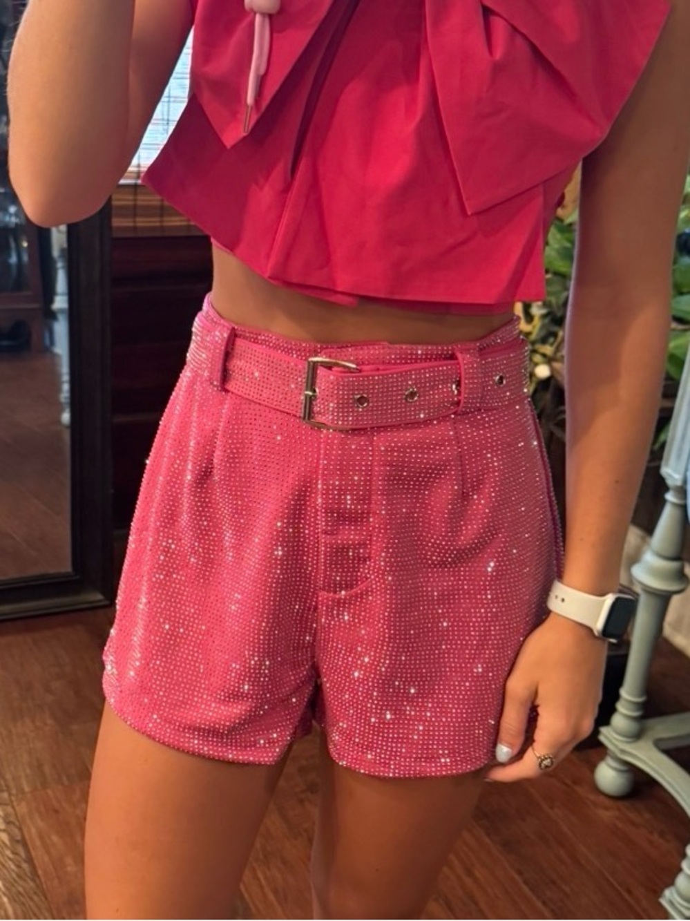 Hot Pink Rhinestone Women's Shorts with Belt